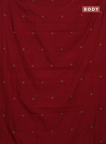 Semi silk cotton saree maroon and orange with embroided buttas in borderless style