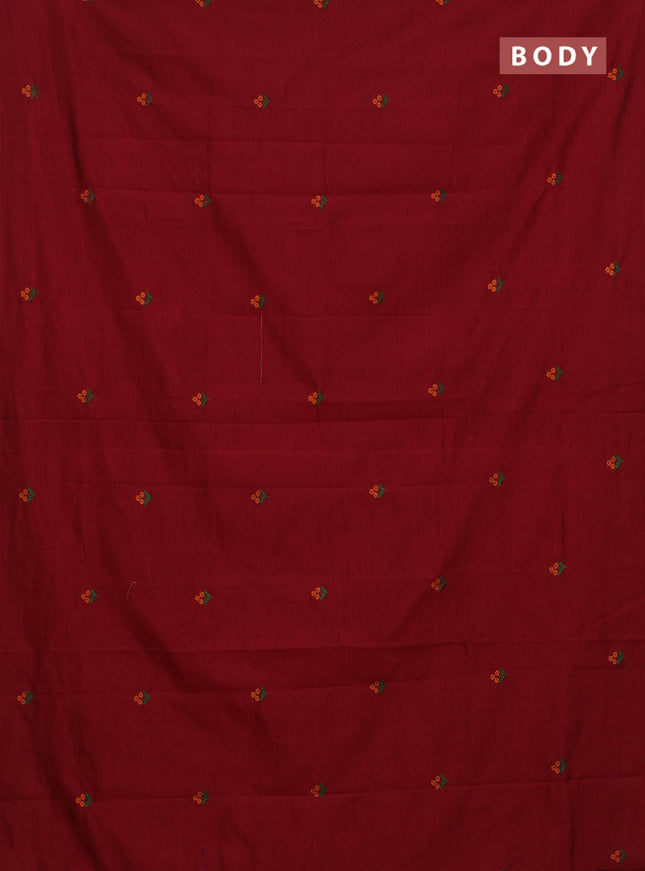 Semi silk cotton saree maroon and orange with embroided buttas in borderless style