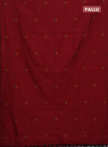 Semi silk cotton saree maroon and orange with embroided buttas in borderless style