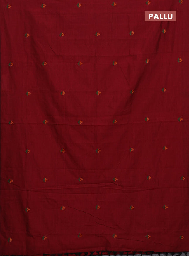 Semi silk cotton saree maroon and orange with embroided buttas in borderless style