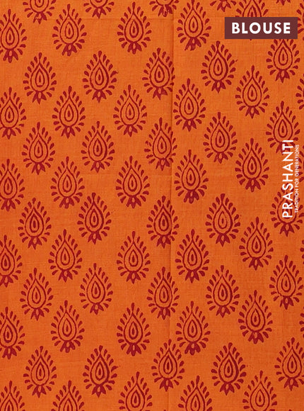 Semi silk cotton saree maroon and orange with embroided buttas in borderless style