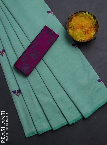 Semi silk cotton saree teal green and magenta pink with embroided buttas in borderless style