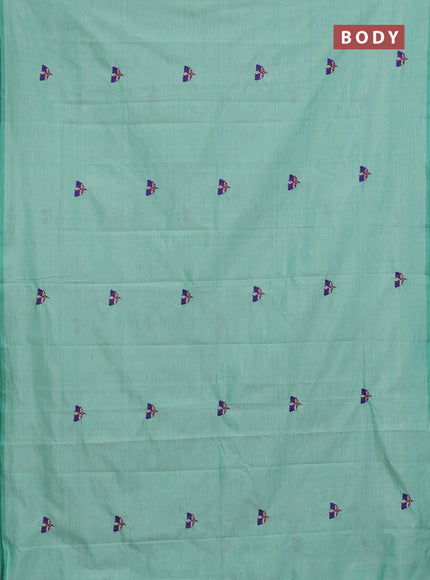Semi silk cotton saree teal green and magenta pink with embroided buttas in borderless style