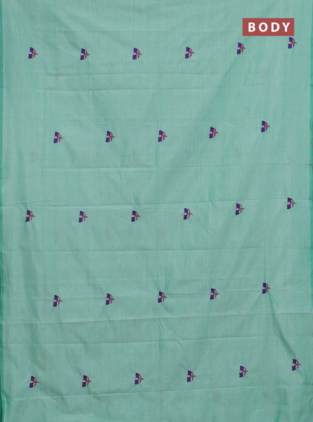 Semi silk cotton saree teal green and magenta pink with embroided buttas in borderless style