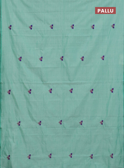 Semi silk cotton saree teal green and magenta pink with embroided buttas in borderless style