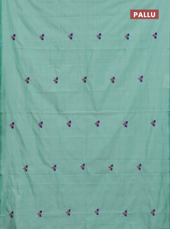 Semi silk cotton saree teal green and magenta pink with embroided buttas in borderless style