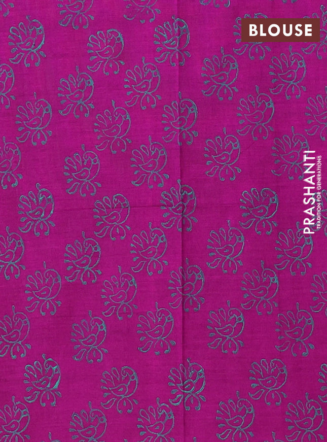 Semi silk cotton saree teal green and magenta pink with embroided buttas in borderless style