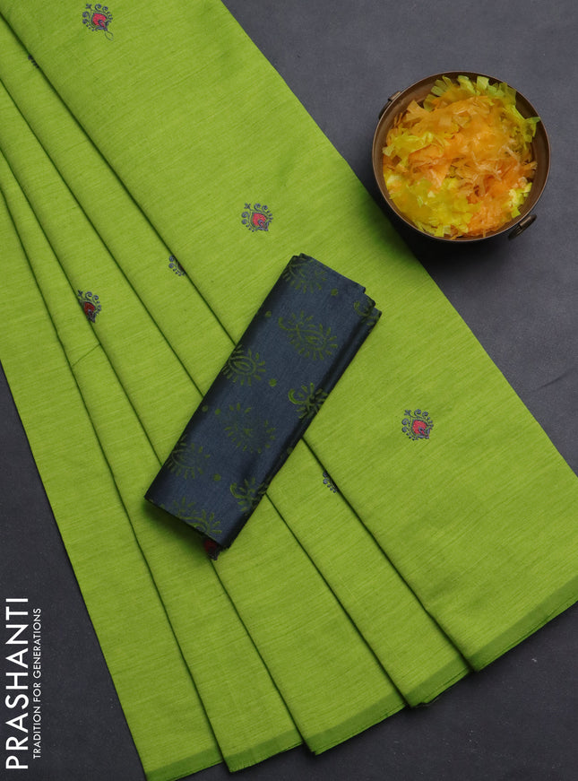 Semi silk cotton saree fluorescent green and elephant grey with embroided buttas in borderless style