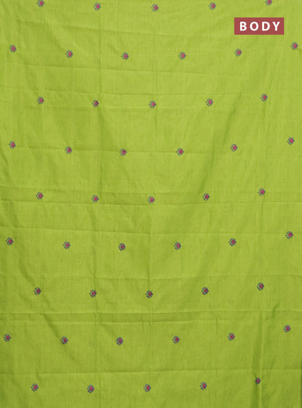 Semi silk cotton saree fluorescent green and elephant grey with embroided buttas in borderless style