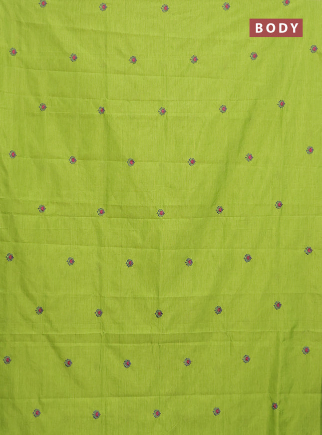 Semi silk cotton saree fluorescent green and elephant grey with embroided buttas in borderless style