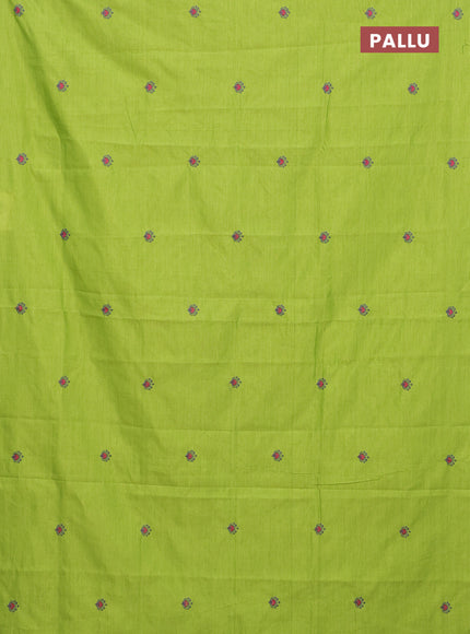 Semi silk cotton saree fluorescent green and elephant grey with embroided buttas in borderless style
