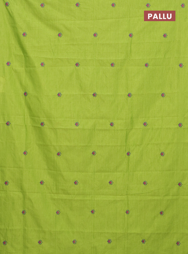 Semi silk cotton saree fluorescent green and elephant grey with embroided buttas in borderless style