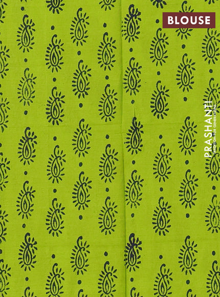 Semi silk cotton saree fluorescent green and elephant grey with embroided buttas in borderless style