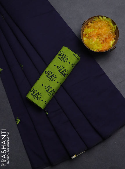 Semi silk cotton saree navy blue and fluorescent green with embroided buttas in borderless style