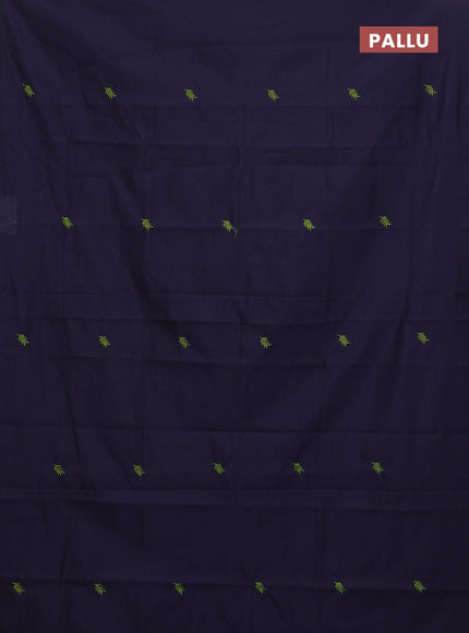 Semi silk cotton saree navy blue and fluorescent green with embroided buttas in borderless style