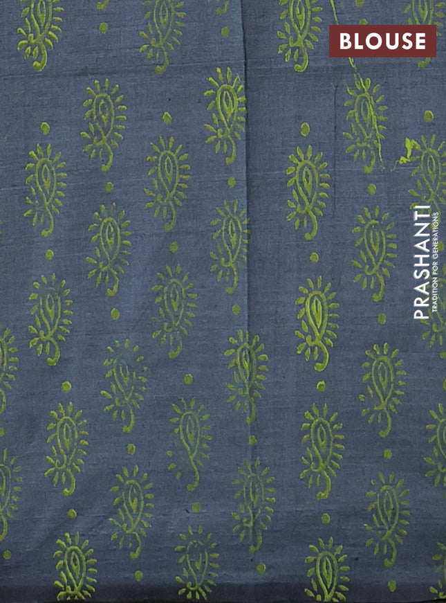 Semi silk cotton saree navy blue and fluorescent green with embroided buttas in borderless style