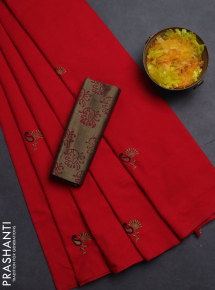 Semi silk cotton saree red and chikku shade with embroided buttas in borderless style