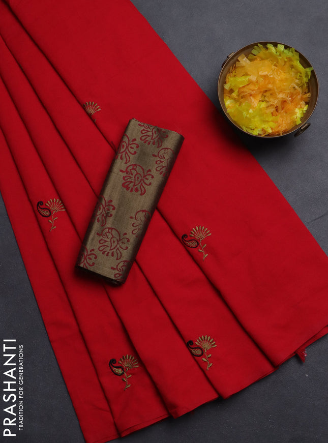 Semi silk cotton saree red and chikku shade with embroided buttas in borderless style