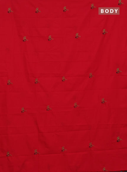 Semi silk cotton saree red and chikku shade with embroided buttas in borderless style
