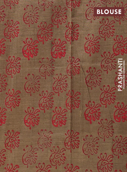 Semi silk cotton saree red and chikku shade with embroided buttas in borderless style