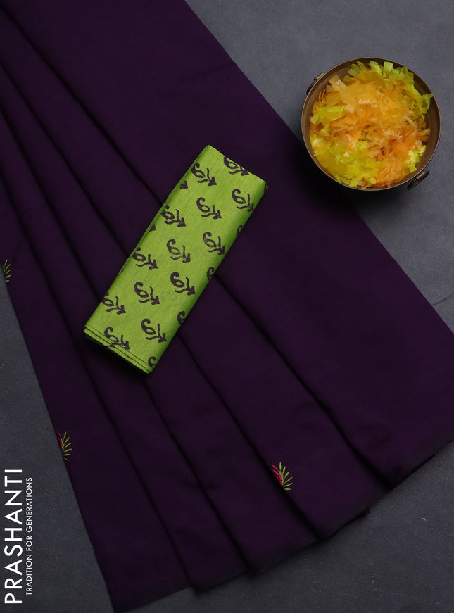 Semi silk cotton saree deep purple and fluorescent green with embroided buttas in borderless style