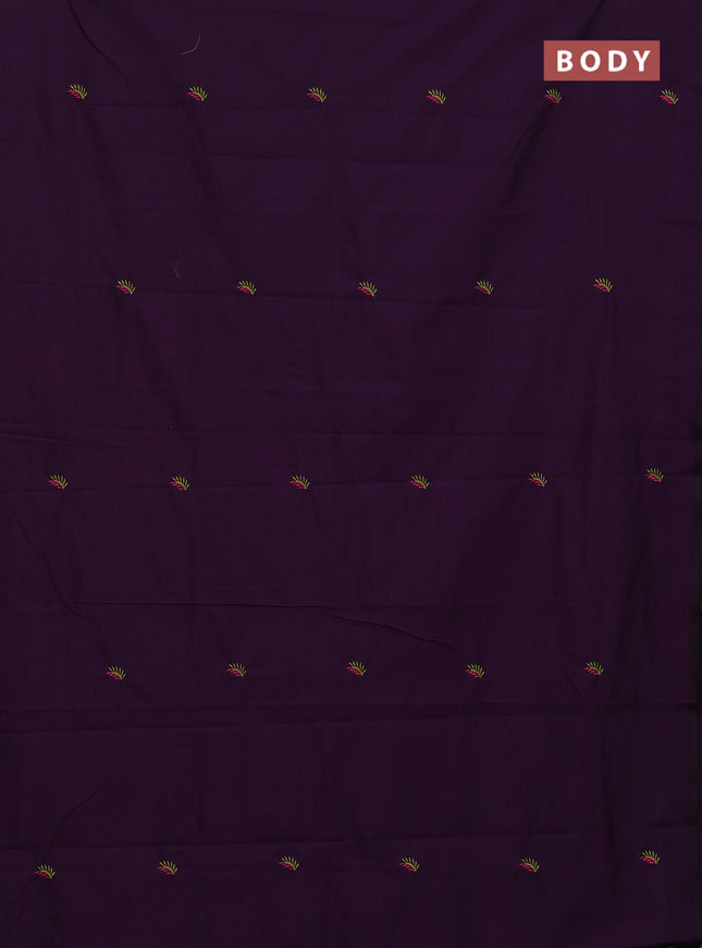 Semi silk cotton saree deep purple and fluorescent green with embroided buttas in borderless style