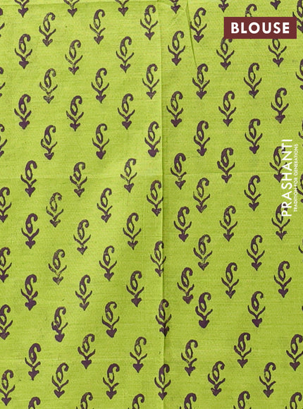 Semi silk cotton saree deep purple and fluorescent green with embroided buttas in borderless style