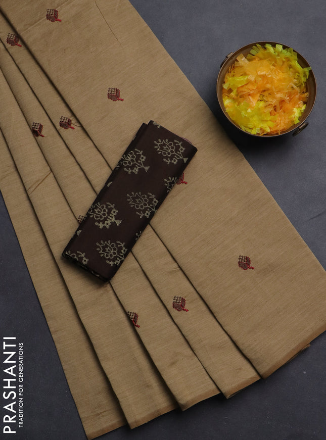 Semi silk cotton saree dark sandal and brown with embroided buttas in borderless style