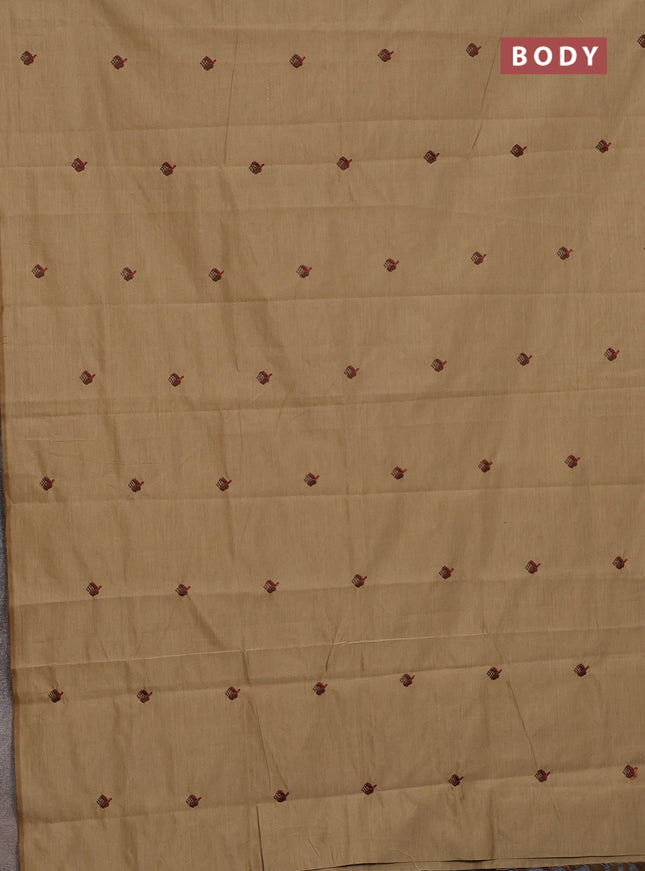 Semi silk cotton saree dark sandal and brown with embroided buttas in borderless style