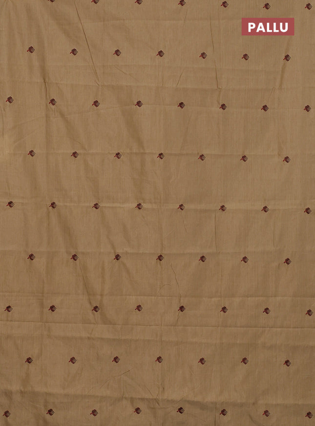 Semi silk cotton saree dark sandal and brown with embroided buttas in borderless style