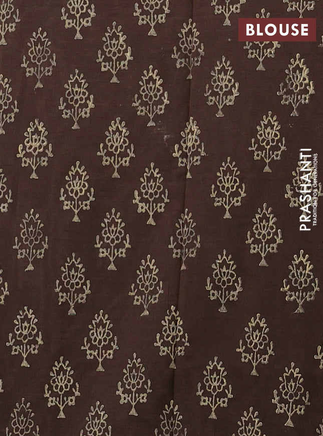 Semi silk cotton saree dark sandal and brown with embroided buttas in borderless style