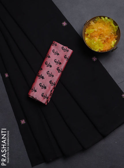 Semi silk cotton saree black and peach pink with embroided buttas in borderless style