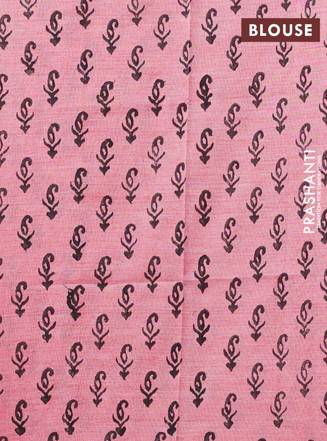 Semi silk cotton saree black and peach pink with embroided buttas in borderless style