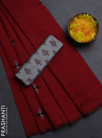 Semi silk cotton saree maroon and grey with embroided buttas in borderless style