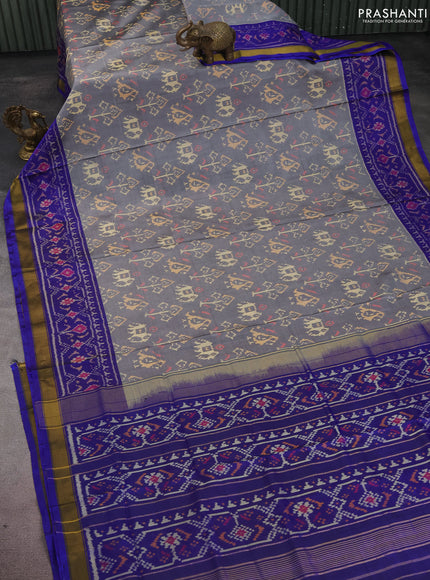 Rajkot patola silk saree grey and blue with allover ikat weaves and zari woven border