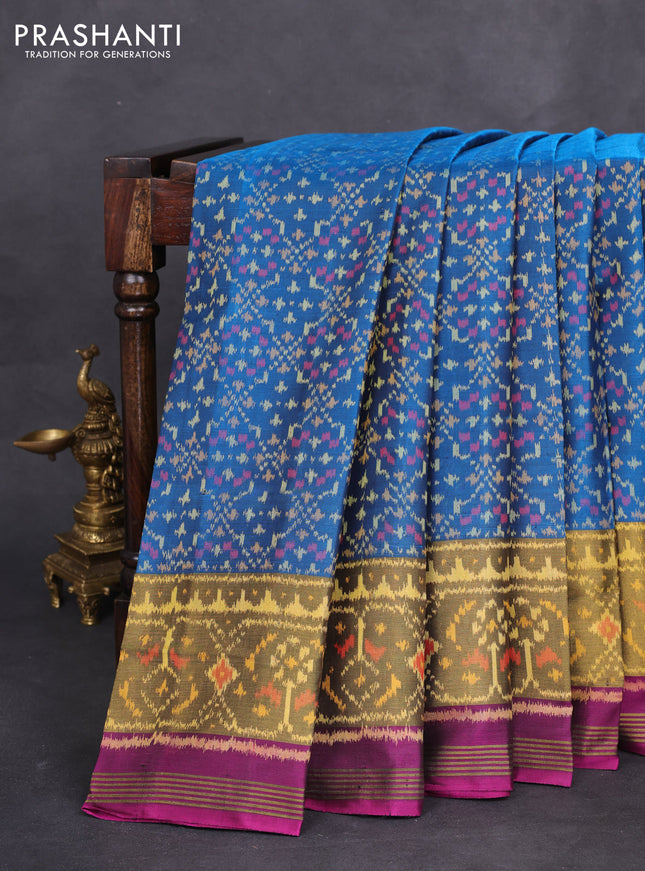 Rajkot patola silk saree cs blue and dark magenta pink with allover ikat weaves and long zari woven border