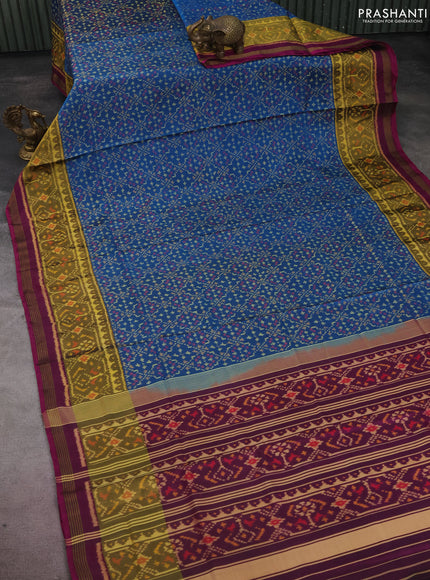 Rajkot patola silk saree cs blue and dark magenta pink with allover ikat weaves and long zari woven border