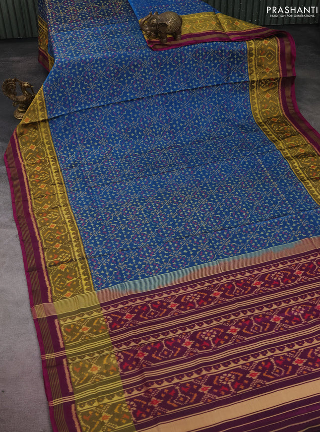 Rajkot patola silk saree cs blue and dark magenta pink with allover ikat weaves and long zari woven border