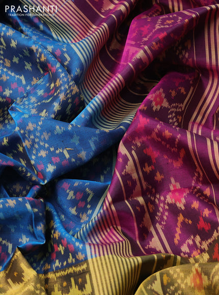 Rajkot patola silk saree cs blue and dark magenta pink with allover ikat weaves and long zari woven border