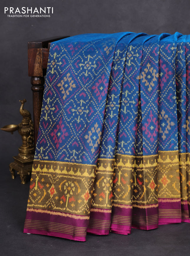 Rajkot patola silk saree cs blue and dark magenta pink with allover ikat weaves and long zari woven border
