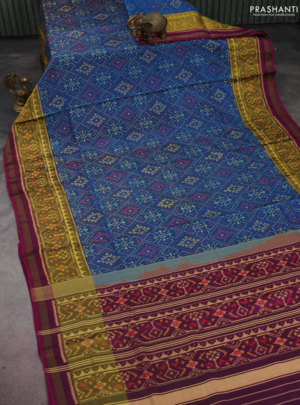 Rajkot patola silk saree cs blue and dark magenta pink with allover ikat weaves and long zari woven border