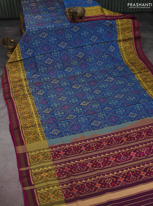Rajkot patola silk saree cs blue and dark magenta pink with allover ikat weaves and long zari woven border