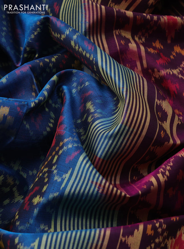 Rajkot patola silk saree cs blue and dark magenta pink with allover ikat weaves and long zari woven border