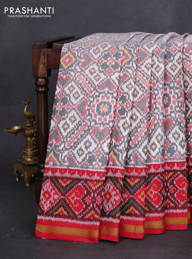 Rajkot patola silk saree off white grey and red with allover ikat weaves and simple zari border
