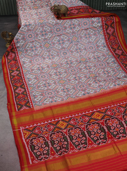 Rajkot patola silk saree off white grey and red with allover ikat weaves and simple zari border
