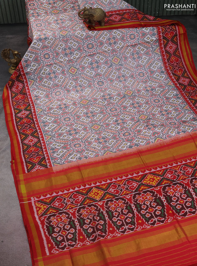 Rajkot patola silk saree off white grey and red with allover ikat weaves and simple zari border