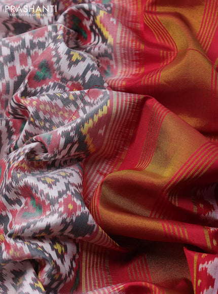 Rajkot patola silk saree off white grey and red with allover ikat weaves and simple zari border