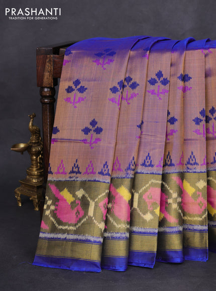 Rajkot patola silk saree dual shade of dark mustard and blue with allover ikat weaves and long zari woven border