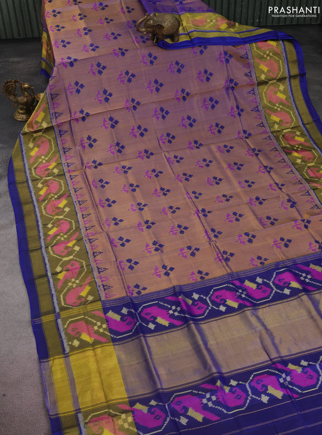 Rajkot patola silk saree dual shade of dark mustard and blue with allover ikat weaves and long zari woven border