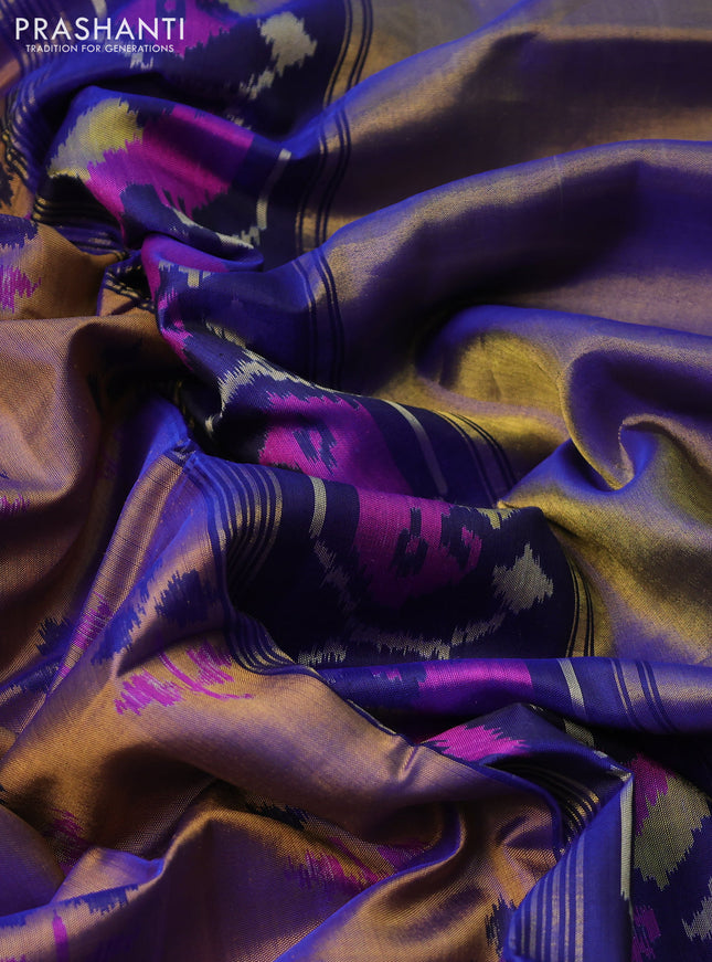 Rajkot patola silk saree dual shade of dark mustard and blue with allover ikat weaves and long zari woven border